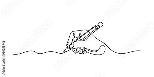 A hand holding a pencil and drawing a continuous line in a minimalist sketch style. Vector, illustration