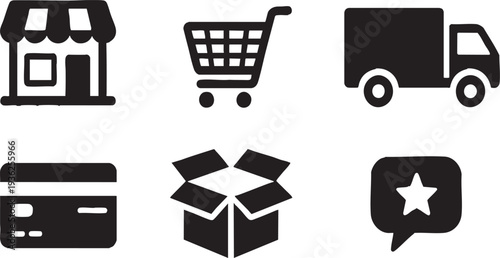 Online Shopping Icon Set Black Silhouette E-commerce Symbols on Transparent Background