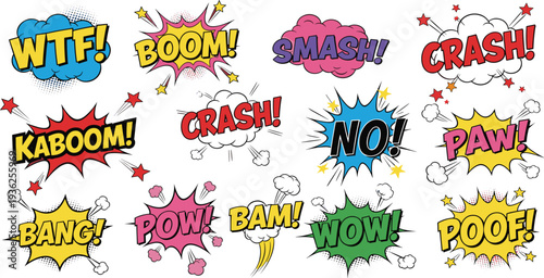 Comic Book Sound Effect Text Set with Boom, Bang, Crash, Pow, Kaboom and Wow Pop Art Explosion Bubbles Vector Illustration Collection