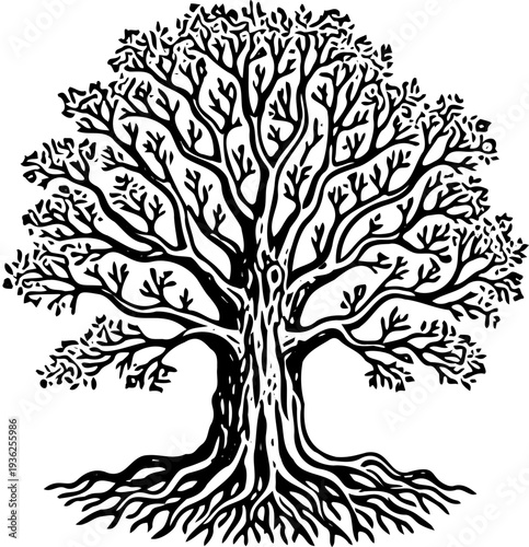 A majestic tree with sprawling branches and deep roots viewed from the front in a serene landscape