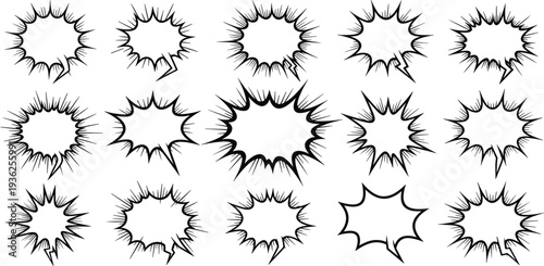 Comic Explosion Burst Shapes Collection with Hand Drawn Speech Bubble Effects, Cartoon Boom Frames, and Dynamic Impact Elements for Pop Art Design