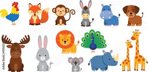 Cute Farm and Jungle Animal Cartoon Collection with Fox Monkey Donkey Hippo Dog Lion Peacock Rabbit Rhino Giraffe and More for Kids Designs