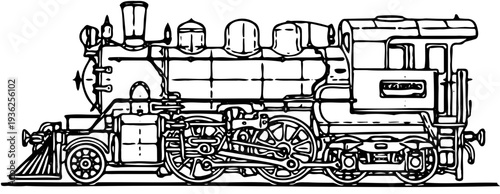 Vintage Train Engine Illustration Depicting Industrial Era Locomotive in Detailed Line Art