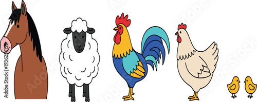 Cute Farm Animal Character Set with Horse, Sheep, Rooster, Hen and Chicks Cartoon Vector Illustration Isolated