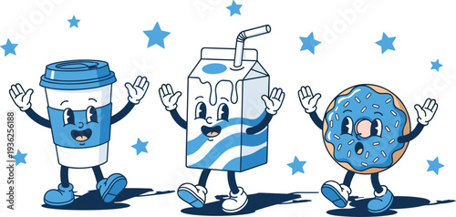 Cute Food and Drink Mascot Characters Set with Coffee Cup, Milk Carton and Donut Cartoon Illustration for Branding and Kids Design