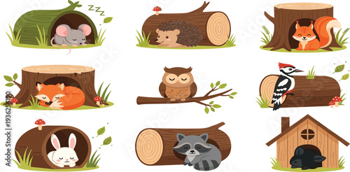 Cute Forest Animal Set with Fox, Owl, Squirrel, and Rabbit Sleeping in Hollow Logs and Tree Stumps for Woodland Nursery Decor and Children's Illustrations
