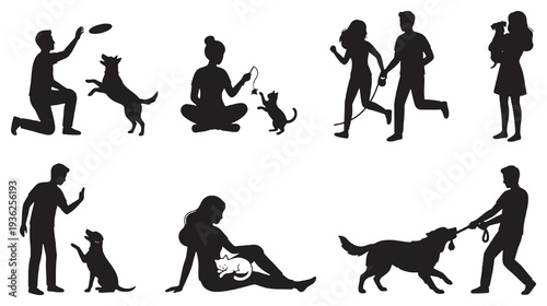 Collection of Silhouettes Depicting People Interacting With Their Pets, Including Dogs and Cats, Engaged in Various Activities Like Playing and Walking.