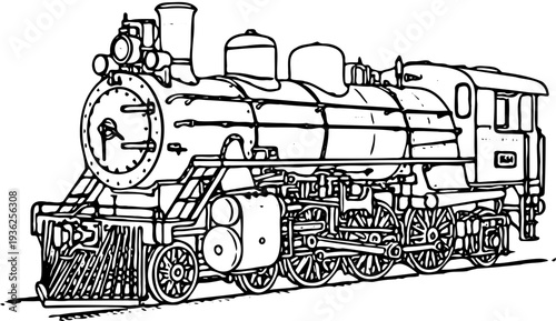 Vintage Train Engine Illustration Depicting Industrial Era Locomotive in Detailed Line Art