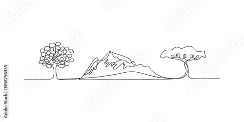 Minimalist continuous line drawing of two trees and a mountain range on a white background. Vector, illustration
