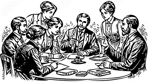 Group of men gathered around a table discussing documents and plans in a collaborative meeting environment from an overhead viewpoint