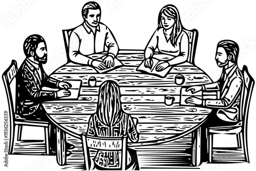 Group of people seated around a wooden table engaged in a meeting or discussion in a formal setting from a top-down viewpoint