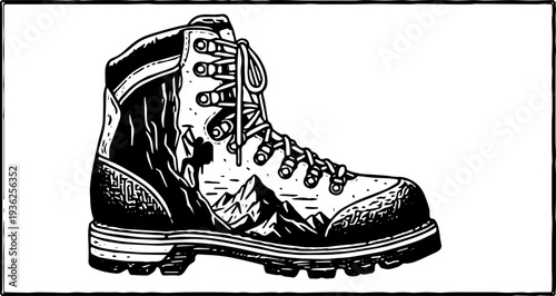 A detailed illustration of a hiking boot with laces, sole, and rugged design, viewed from the side on a transparent background