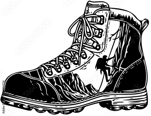 Hiking boot illustration featuring a mountain landscape and silhouette of a person climbing