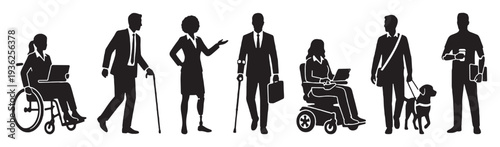 Diverse group of people in silhouette, representing different abilities and professions, including wheelchair users, cane users, and a guide dog.