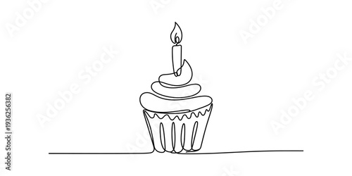 Continuous line drawing of a delicious cupcake with a lit candle for a birthday celebration Vector, illustration
