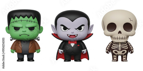 Cute Halloween Monster Characters Set Featuring Frankenstein, Vampire Dracula and Skeleton in Cartoon 3D Style for Stickers, Prints and Party Designs