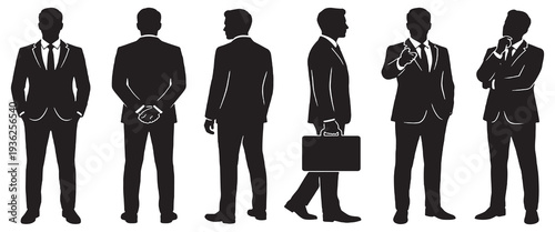 Collection of businessman silhouettes in various poses, representing different aspects of professional life and business.