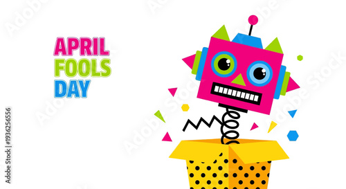 Celebrating April Fools Day with a colorful cartoon character jumping out of a box in a playful illustration