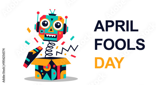 April Fools Day Celebration with Colorful Robot Emerging from a Surprise Box, Showcasing Vibrant Illustrations and Playful Prankster Spirit