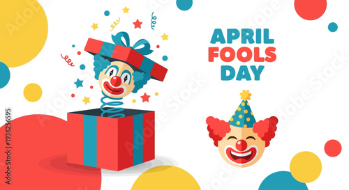 Celebrating april fools day with a joyful clown emerging from a gift box surrounded by colorful shapes and festive decorations