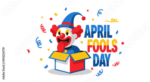 A colorful clown emerges from a jack-in-the-box on April Fools Day, surrounded by confetti and playful surprises in a whimsical illustration.