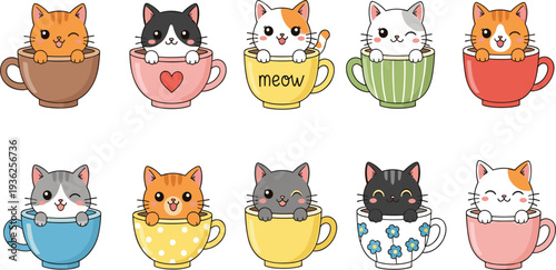 Cute Kawaii Cats Sitting in Coffee Cups Collection for Nursery Art, Stickers, Baby Shower Designs, Greeting Cards, and Adorable Animal Vector Illustration Set