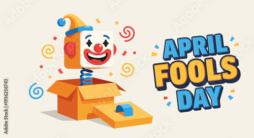 A joyful clown emerges from a box on April Fools Day, surrounded by colorful swirls and playful atmosphere, captured from a front viewpoint.
