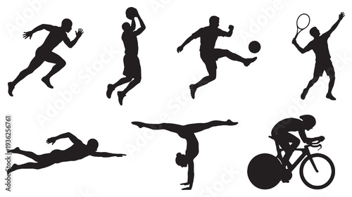 Collection of diverse sports silhouettes including running, basketball, soccer, tennis, swimming, gymnastics, and cycling.
