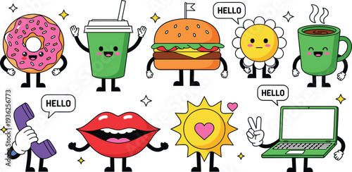 Cute Kawaii Food and Object Mascot Character Set with Donut Coffee Burger Laptop Sun and Speech Bubble Cartoon Vector Illustration