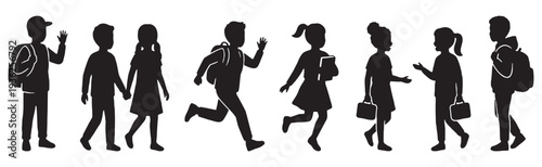 Diverse group of children walking and running with backpacks and books, representing school and education.