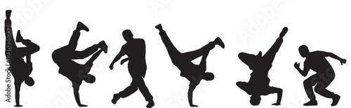 Silhouettes of breakdancers performing various dynamic moves and poses on a white background.