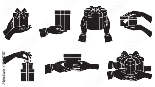 Collection of silhouette icons representing hands giving and receiving gift boxes, symbolizing celebration and generosity.