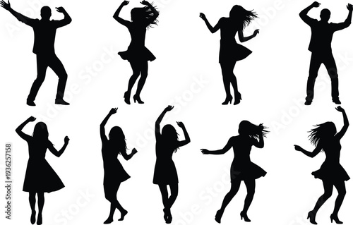 Dancing people silhouettes collection, male and female figures vector illustration, expressive movement icon design, rhythm artwork, energetic dance graphic art