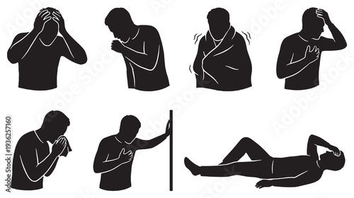 Collection of Silhouettes Depicting Various Symptoms of Illness and Discomfort.
