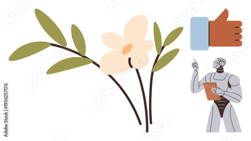 Nature harmony, artificial intelligence, human approval, technological advancements, environmental care, futuristic concepts. Flower and leaf branch with a robot and thumbs-up icon. Nature harmony