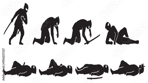 Silhouette sequence of a ninja in action, demonstrating combat moves and eventual defeat.