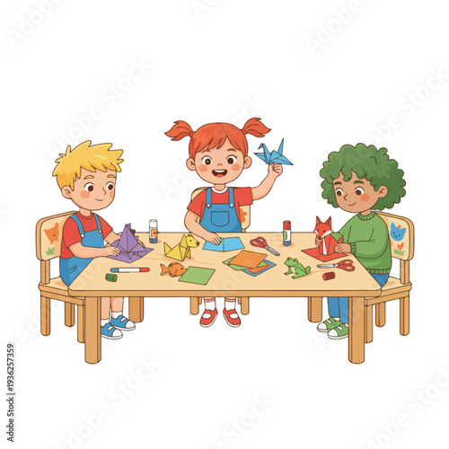 Three diverse children are happily engaged in origami and paper crafting at a wooden table with colorful supplies and finished paper animals.