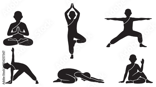 Collection of six black silhouette icons representing different yoga poses for meditation and exercise.