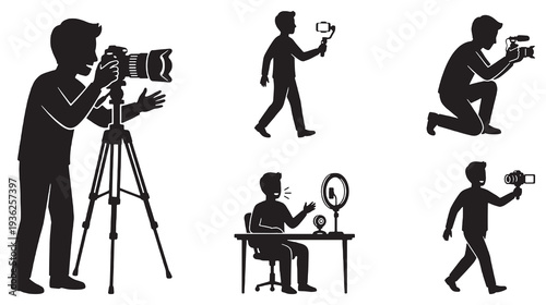 Set of silhouettes illustrating different videography and photography techniques and equipment used by creators.