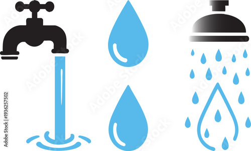 Water Icon Set Black Silhouette Faucet Droplet and Shower on Transparent Background