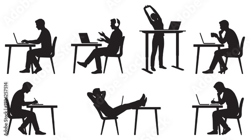 Collection of silhouette icons representing people working and studying at desks with laptops and notebooks, illustrating different postures and activities.