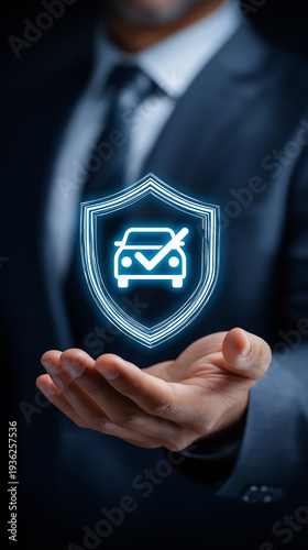 Businessman holding car insurance protection shield hologram