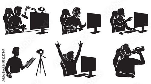 Collection of Silhouette Illustrations Depicting Gamers and Streamers in Various Actions.