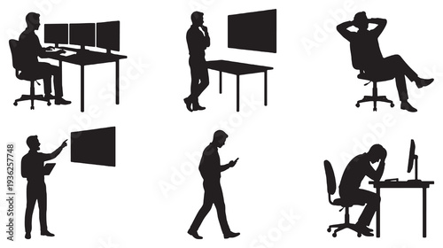 Collection of silhouettes representing various business activities and office scenarios.