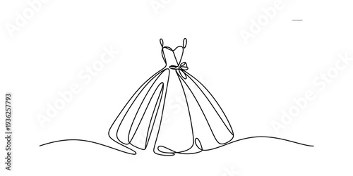 A minimalist continuous one-line drawing of an elegant ball gown or wedding dress Vector, illustration
