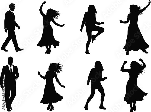 Dancing people silhouettes vector illustration, formal walking and expressive dance poses icons, diverse human movement artwork, rhythm posture graphic art