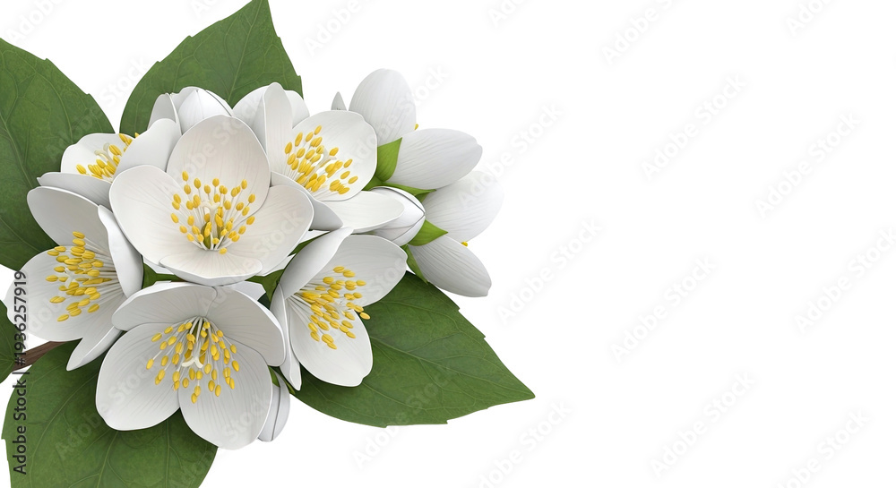 Fototapeta premium White Jasmine Flowers with Green Leaves