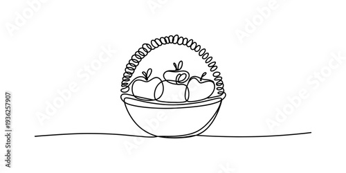 A simple line art illustration of a basket filled with three apples on a white background Vector, illustration
