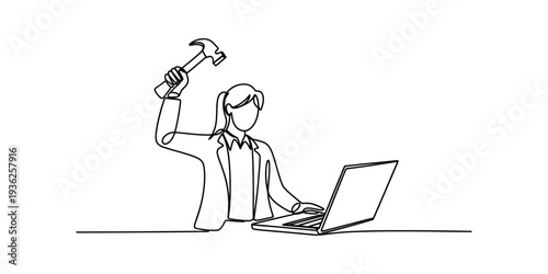 A person in continuous line art drawing raises a hammer to smash their laptop in frustration Vector, illustration