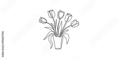 A simple black and white line art illustration of a bouquet of tulips in a vase Vector, illustration